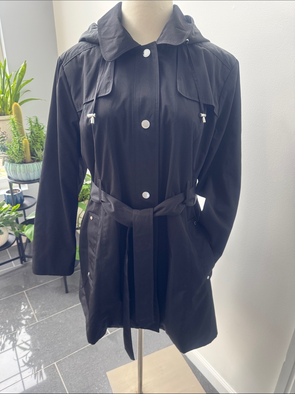 London Fog Black Hooded Belted Trench Coat